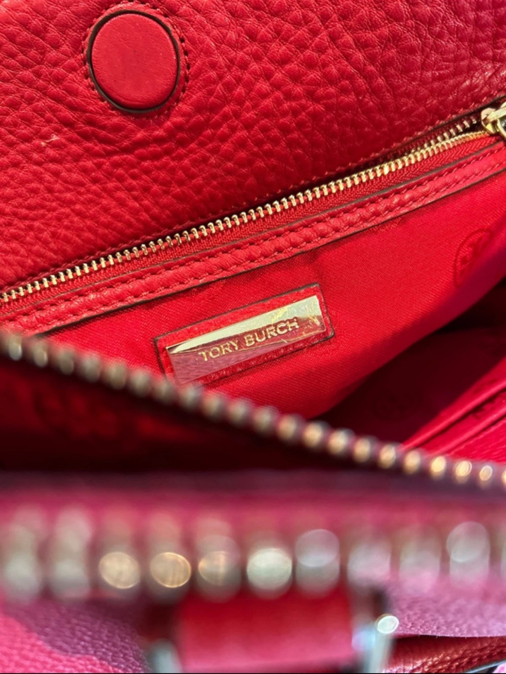 Tory Burch Red Pebbled Leather Satchel with Gold Logo - Picture 9 of 9